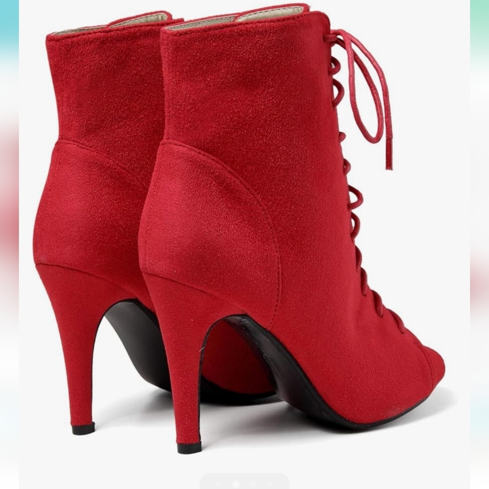 Red Lace-up Open Toe Booties - Picture 2 of 5